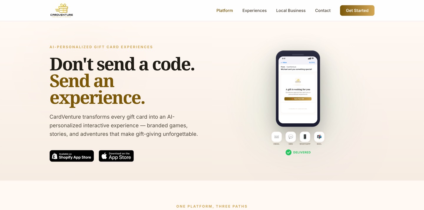 CardVenture website hero: Don’t send a code. Send an experience.