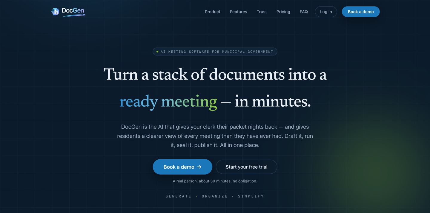 DocGen website hero: turn a stack of documents into a ready meeting in minutes.