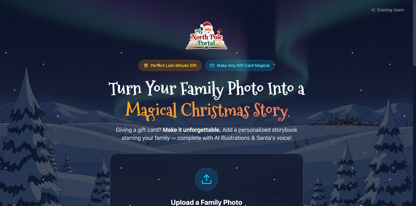 My North Pole Portal website: turn your family photo into a magical Christmas story.